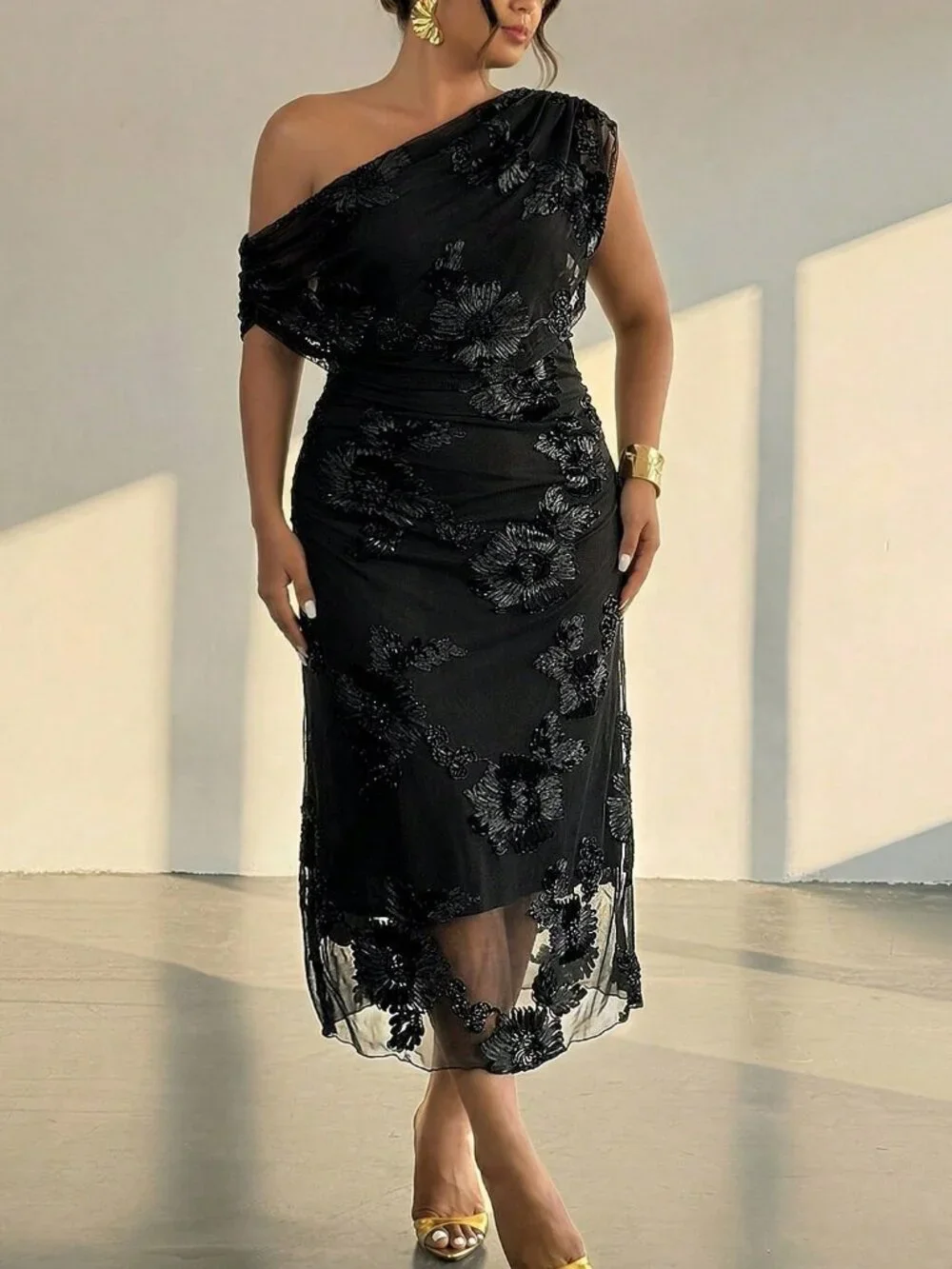 Black Elegant Women's Plain Asymmetrical Bodycon Evening Dress